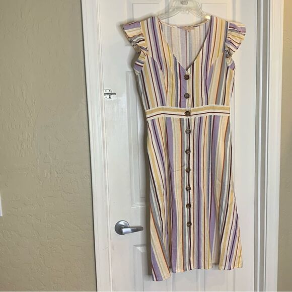 Evolutionary Linen Dress Striped Ruffle Size Large - Picture 3 of 10